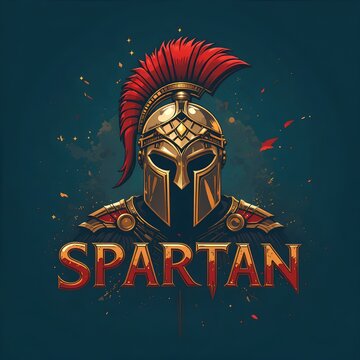 Golden Spartan helmet, red plume, warrior. Ancient Greek symbol of courage and strength.