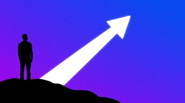 Man Silhouette on Hilltop Gazing at a Large White Cursor Arrow Representing Digital Journey Progress and Future Potential