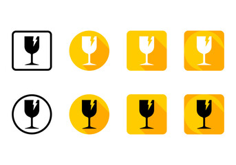 Set fragile breaking glass parcel transport sign icon flat vector design