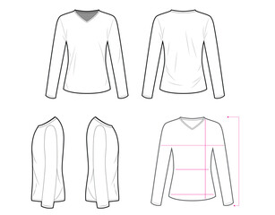 T-Shirt Measurement Guide Template – Front, Back, Side Views with Sizing Lines for Online Shopping