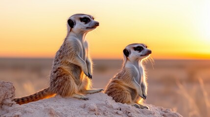 Meerkats watching sunset nature wildlife scene serene environment close-up