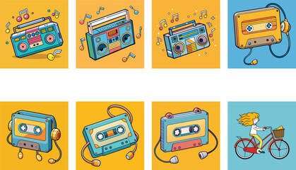 Retro Music Media Collection Boomboxes Cassette Tapes And Bicycle Rider Illustrations