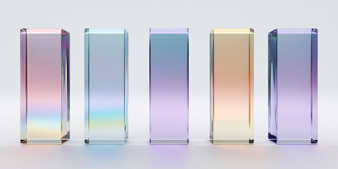Five translucent glass blocks, each with a gradient color, arranged in a row, showcasing a minimalist and modern design concept, ideal for product displays or abstract backgrounds