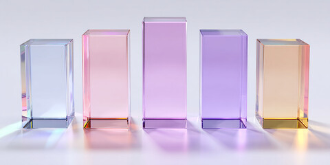 Five translucent glass cubes in pastel colors, arranged in a row, showcasing a clean and modern aesthetic, ideal for product display or minimalist design