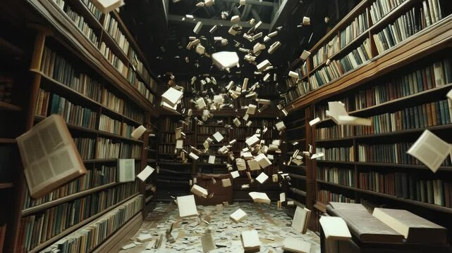 Dynamic library scene with flying books animation creating a magical and immersive atmosphere