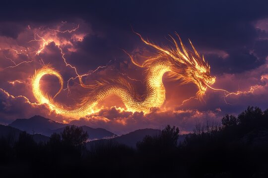 Majestic dragon glows over mountains as lightning strikes during a dramatic sunset