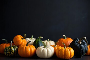 Assortment of colorful pumpkins and gourds on a dark surface for autumn harvest display