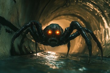 Giant spider lurking in a dark sewer tunnel with glowing eyes at night