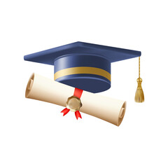3d diploma scroll with graduate hat. Vintage roll paper
