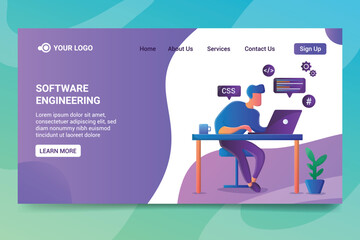 Software Engineer Working on Code at Desk Flat Vector Illustration
