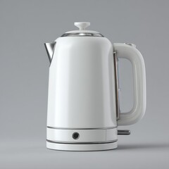 A sleek, white electric kettle with a stainless steel lid and accents, shown in profile against a neutral gray background