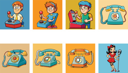 Cartoon Illustrations Of Retro Objects Gaming Consoles And Vintage Pinup Singer