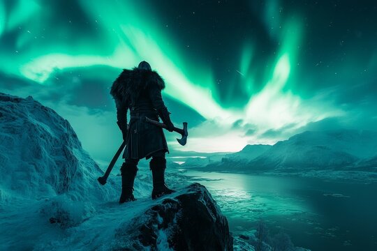 Warrior gazes at stunning aurora borealis over tranquil fjord in winter night sky - Powered by Adobe