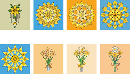 Daffodil Flower Mandalas And Floral Arrangements Set Spring Themed Illustrations