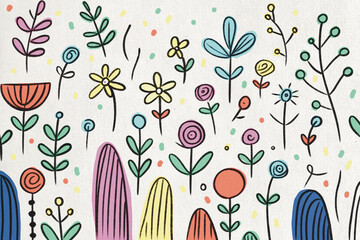Colorful abstract floral illustration with whimsical plants and flowers