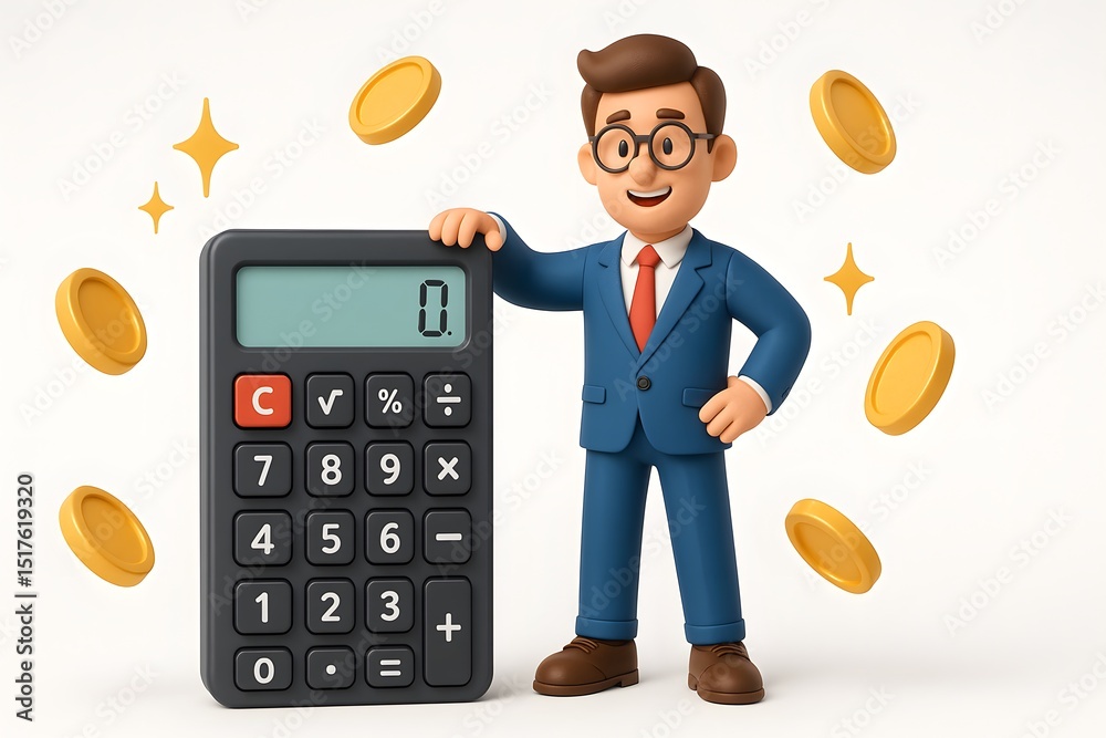 Aufkleber friendly businessman with calculator and coins in modern style design