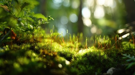 Sunlit moss carpet in a forest, shallow depth of field emphasizing vibrant green hues and delicate new growth, background blurred for bokeh effect
