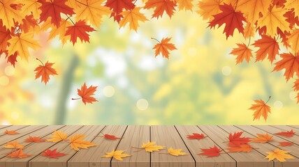 Autumn maple leaves falling on a wooden table with a blurred background of fall colors