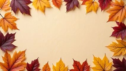 Colorful autumn maple leaves frame on a beige background with copy space