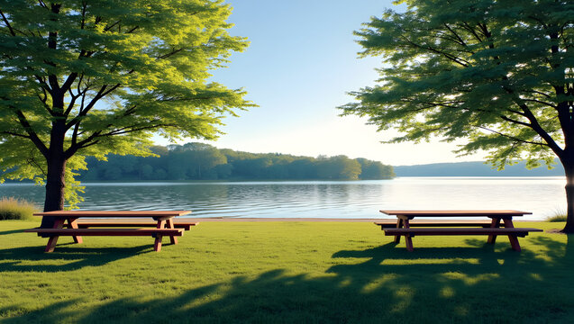 Serene lakeside park with family picnic areas