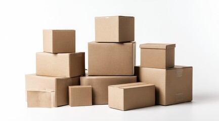 Obraz premium A studio shot of a haphazard stack of various sized cardboard boxes against a white background