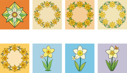 Daffodil Flower Cartoon Set Spring Floral Wreaths Isolated Daffodils In Different Style