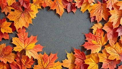Autumn maple leaves in vibrant fall colors frame a textured grey background with copy space