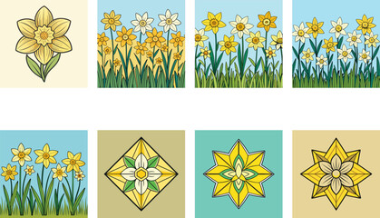 Colorful Daffodils Flowers Illustrations Vector Set For Spring Design And Decoration