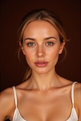 Minimalist skincare ad concept woman with luminous skin wears basic tanktop posing against warm terracotta studio background