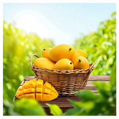 Ripe yellow mangoes in a woven basket on a wooden table with a lush green background