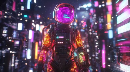 Naklejka premium Futuristic robot in neon colors with a vibrant background of glowing lights.