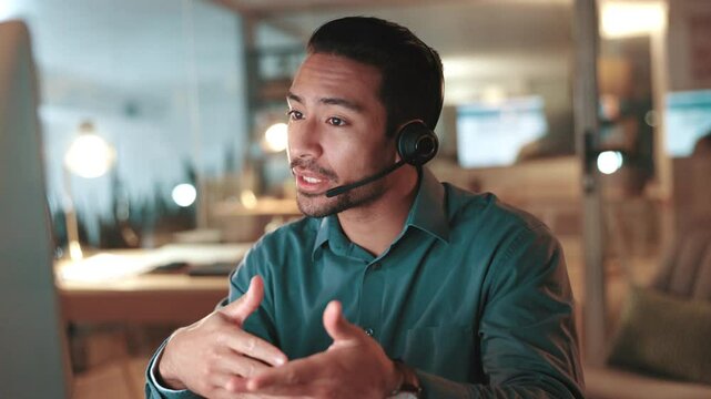 Headset, man and back of customer service agent in office at night for help desk, support or translation. Mic, lead generation and call center consultation with online multilingual query in workplace
