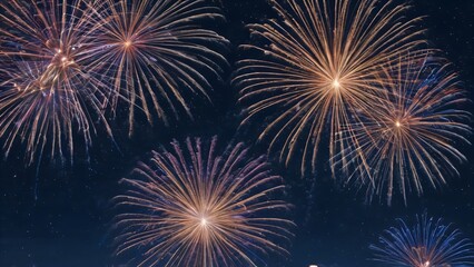 Naklejka premium Bright Fireworks Exploding Against a Night Sky During a Festive Celebration
