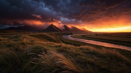 Majestic angular rock formations rise prominently against a dramatic, cloud-filled sky at sunset