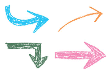 Colorful hand drawn arrows with chalk and crayon texture. A playful set of sketchy directional symbols in pink, blue, orange, and green. Rough lines and bold shapes