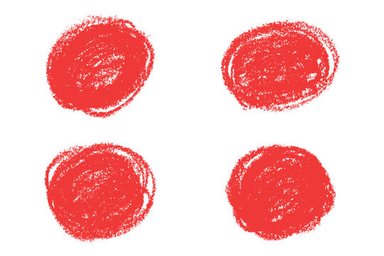 Hand drawn red circles with crayon texture. Rough scribble style with chalk like edges and bold marker look. Grunge round shapes with pastel or pencil effect
