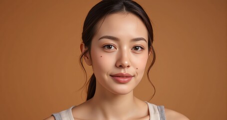 Minimalist skincare ad concept woman with luminous skin wears basic tanktop posing against warm terracotta studio background