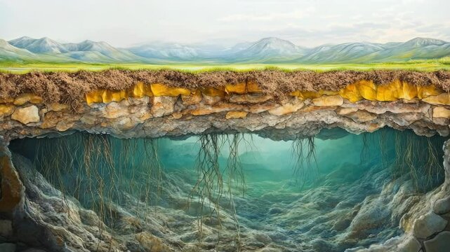 Cutaway cross-section revealing detailed underground soil layers, root systems, and cavernous hollow space. Emphasizes natural root growth, geological formation, and the complexity of subsurface
