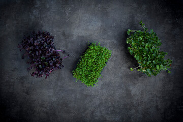 Three different types of cress arranged on a black stone surface