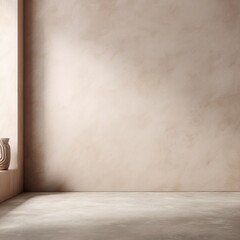A minimalist interior scene features a light beige textured wall, a light concrete floor, and a subtle light source casting shadows.  A simple, light-colored vase sits on a low ledge