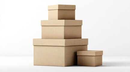 Stacked square cardboard boxes on a white background, showing varying sizes and a textured surface