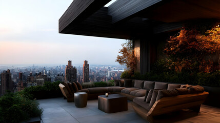 Obraz premium Modern Rooftop Lounge With City View At Sunset