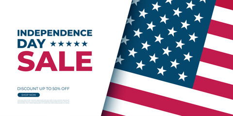 Independence Day Sale. United States 4th of July commercial banner with American flag for shopping promotion and holiday sales advertising. Vector illustration. 
