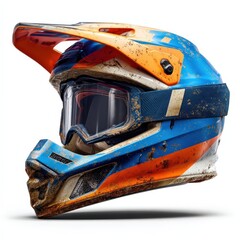 Naklejka premium Dirt Bike Helmet with Goggles Blue Orange Design Mud Splatter Extreme Sports