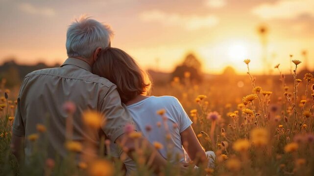 Elderly couple embracing while sitting in a flower field at sunset  