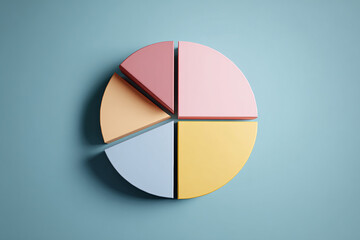 Pastel pie chart segments on blue background, showcasing data visualization, business strategy, or market share analysis concept