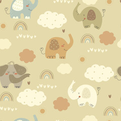 Cute pattern with elephants, clouds and rainbows. Vector illustration with hand drawn cartoon animals, clouds, rainbows, sun and hearts. Seamless pattern. 