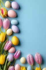 Pastel-colored eggs and tulips arranged on a light blue background, creating a festive border with ample copy space