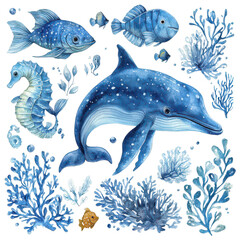 Fototapeta premium Watercolor sea life scene isolated on transparent background, png