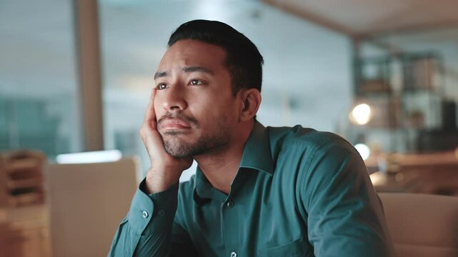 Businessman, tired and planning on computer with night, fatigue and time management or mental health risk. Journalist person, bored and sleeping or sad for online deadline or reading on desktop